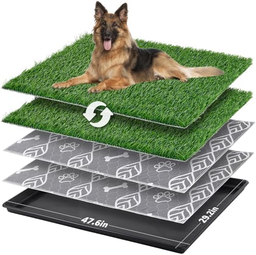 LOOBANI 47.6x29.2in Large Dog Litter Box with 2 Artificial Grass Patch + 2 Washable Pee Pads, Quickly Absorbency Portable Patio Potty for Balcony Apartment Use