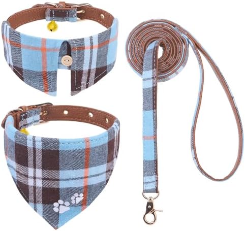 EXPAWLORER Dog Collar and Leash Set - Embroidery Pawprints Plaid Dog Leash and Collar Set, Cute Dog Bandana Collar with Bell, Dog Collars for Small Medium Dogs Cats Girl Boy, SkyBlue S-M