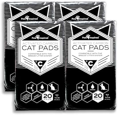 Paw Inspired Cat Pads (Activated Carbon, 80 Count) | Generic Refill for Breeze Tidy Cat Litter System* and More | 16.9" x 11.4" Disposable Cat Liner Pads for Litter Box