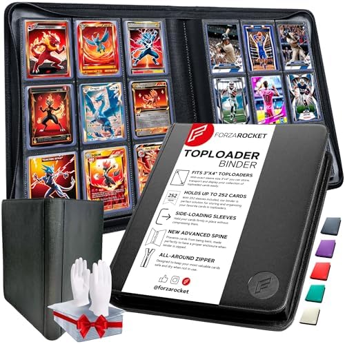 FORZAROCKET Toploader Binder, Holds 252 Cards in Toploaders, 8 INCLUDED, Waterproof PU Leather, Ringless Double-Sided Pages, Archival Safe Pockets, Pleasurable Inner Lining (9 pocket, Jeans Black)