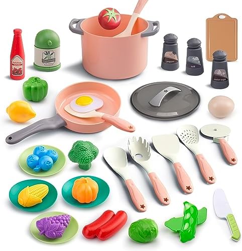 35Pcs Kids Kitchen Toy Accessories, Toddler Pretend Cooking Playset with Play Pots, Pans, Utensils, Cookware, Play Food Set, Toy Vegetables, Learning Gift for Girls, Boys (Pink)