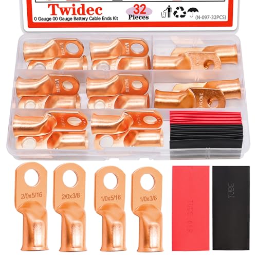 Twidec/32PCS Battery Cable Ends 1/0 AWG 2/0 AWG Heavy Duty Copper Lugs 0 Gauge 00 Gauge Copper Cable Wire Lugs,Copper Ring Terminals 5/16" and 3/8" with Heat Shrink Tube