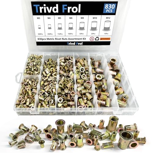 Rivet Nut Tool Kit, 830pcs SAE/Metric Rivet Nut Assortment Kit M3, M4, M5, M6, M8, M10, M12, w Galvanized Carbon Steel Flat Head Threaded Insert Nuts (Metric - 830pcs)