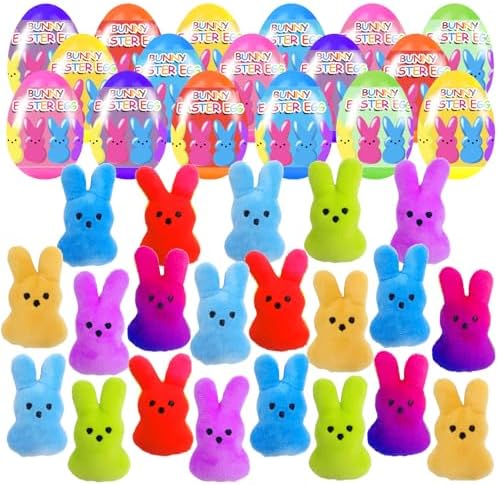 18 Pcs PreFilled Easter Eggs with Plush Bunny Toys Inside Perfect for Kids Girls Boys Easter Eggs Hunt Easter Basket Stuffers Party Favors Gifts
