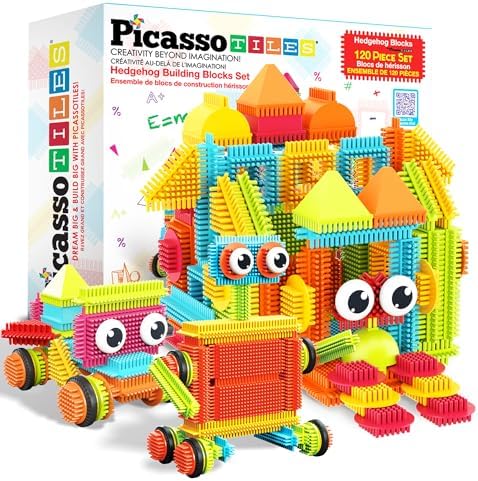 PicassoTiles 120pcs Hedgehog Interlocking Building Blocks Tiles Construction Toy Set Learning Playset STEAM Development Preschool Kindergarten Toy for Kids Age3+ PTB120