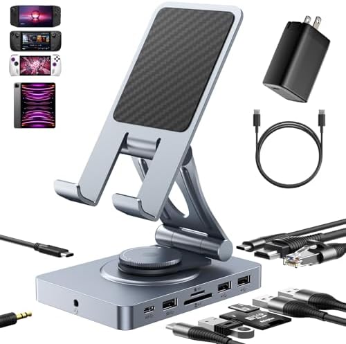 Versatile USB C Docking Station for iPad (USB-C), 11-in-1 with SD TF 4.0 Reader, 4K@60Hz HDMI, RJ45, Audio, USB A, USB C, Rotatable, Also for Tablet, Steam Deck, ROG Ally, Legion Go, with 65W Adapter