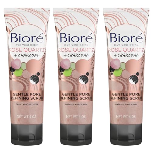 Bioré Rose Quartz + Charcoal Gentle Pore Refining Scrub, Pore Minimizing Facial Scrub, Oil Free, Dermatologist Tested, Non-Comedogenic, Cruelty Free, Vegan Friendly, 4 Oz, Pack of 3
