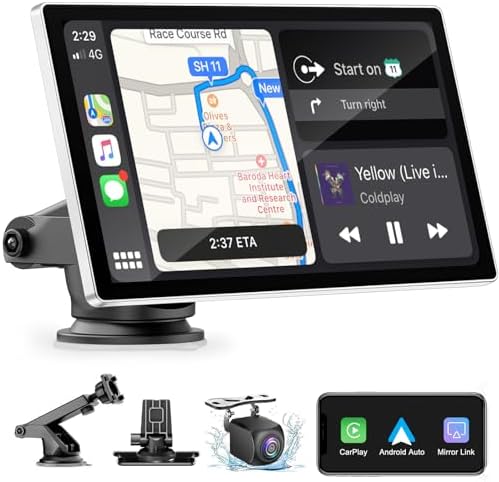 Wireless Carplay Screen for Car - 9'' Portable Car Stereo with 1080P Backup Camera, Car Overhead Video Players with A-pple Carplay & Android Auto, Bluetooth, AUX, GPS Navigation/AirPlay/Voice Control