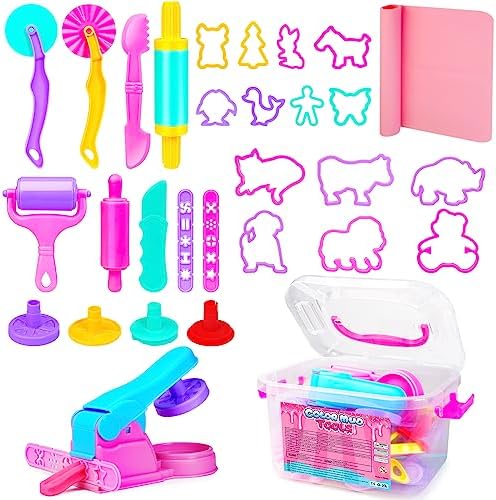 Dough Tool Sets for Kids Toddlers,Cute Dough Accessories with Rolling Pin Dough Mat Storage Box,Party Pack Dough Toys for Kids Age 3-5 4-8,Educational Toys Gift for Birthday Christmas Boys Girls