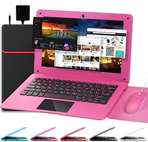 Laptop Computer(10.1 inch), Quad Core Powered by Android 12.0, Netbook Computer with WiFi, Webcam and Bluetooth, Mini Laptop with Bag, Mouse, and Mouse Pad for Kids and Adults（Pink）