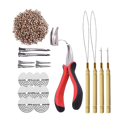 500pcs Micro Silicone Rings Beads Hair Extensions Kit:I-tip Hair Pliers, Micro Pulling Hook Needle, Loop Threader and Micro Silicone Links (Light Brown)
