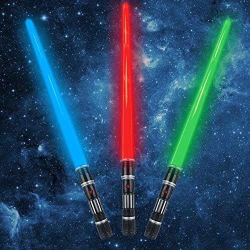 3 pack 3 colors Light Up Swords Saber with FX Sound(Motion Sensitive) and Realistic Handle for Kid, Expandable Light Toy for Halloween Dress Up Parties, Xmas Present, Galaxy War Fighters and Warriors