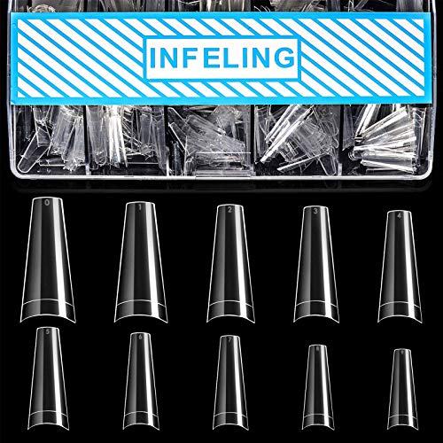 INFELING Clear Coffin Nails Tips - Nail Tips for Acrylic Nails Professional, 500pcs Half Cover Ballerina French Nail Tips with Box, False Fake Nail Tips for Nail Salons Home Christmas Gift, 10 Sizes