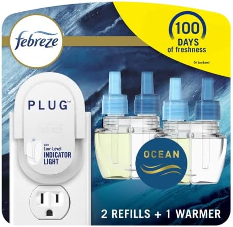 Febreze Plug in Air Freshener, Odor-Fighting Scented Oil Starter Kit, Air Fresheners for Home and Bathroom and Kitchen, Long Lasting for Strong Odors, Ocean Scent, Warmer + 2 Refill