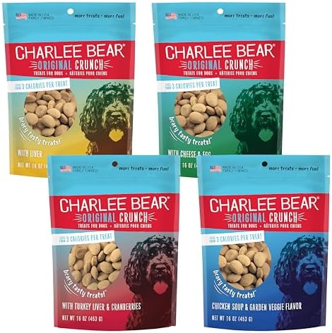 Charlee Bear Original Crunch Dog Treats Variety Pack, 16 oz (4-Pack) - Liver, Egg & Cheese, Chicken Soup & Garden Veggie, Turkey Liver & Cranberries Made in the USA Natural Training Treats for Dogs