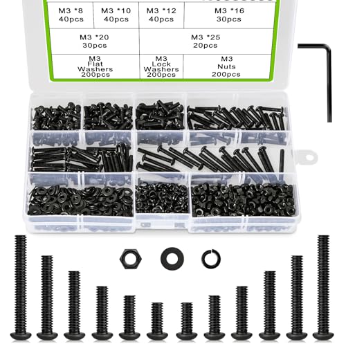 800Pcs M3 8/10/12/16/20/25mm Hex Button Head Cap Screw Bolts and Nuts Kit, Upgraded Zinc Plated 10.9 Alloy Steel Nuts and Bolts Assortment Kit with Lock Washer Black Metric Machine Screws