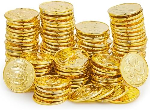 JOYIN 120 Pcs St. Patrick’s Day Gold Coins, Plastic Gold Coins Bulk with Shamrock, Leprechaun, Cauldron & Hat Patterns, St Patricks Accessories Games Gifts Decorations, Party Favors & Party Supplies