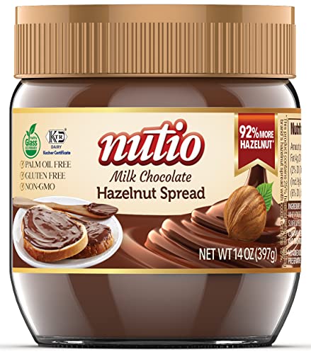 Nutio Milk Chocolate Hazelnut Spread, More Hazelnut, Less Added Sugar, Palm Oil and Gluten Free, Non GMO, Peanut Free, 14 oz (1 Pack) Glass Jar