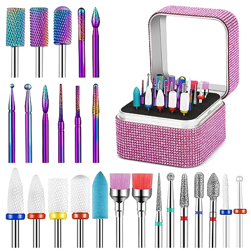 25Pcs Nail Drill Bits Set with Storage Box, 3/32 Inch Tungsten Ceramic Diamond Carbide Nail Drill Bits for Acrylic Gel Polish, Cuticle Efile Remover for Manicure Pedicure
