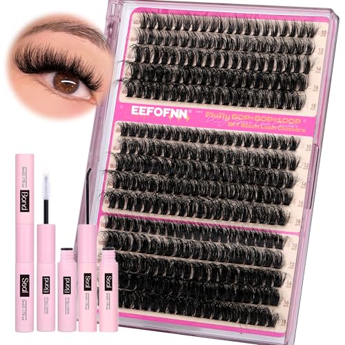 DIY Lash Extension Kit Fluffy Lash Clusters Kit 300PCS Eyelash Clusters with Bond and Seal Glue Thick 60D+80D+100D Cluster Eyelash Extensions Kit D Curl Volume Individual Lashes Kit at Home by Eefofnn