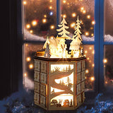 MorTime LED Revolving Music Box Advent Calendar Decorated with Christmas Tree Reindeer House LED Lights, Lighted Wooden Carved 24 Day Countdown to Christmas Calendar, 24 Storage Drawers