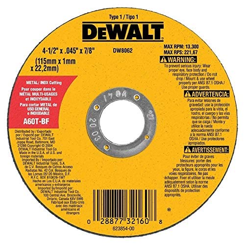DeWalt DW8062 4-1/2 x .045 x 7/8 Type 1 Metal Cut Off Wheel - Quantity 15