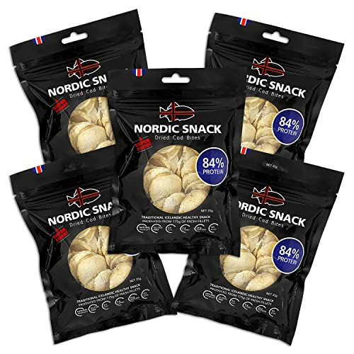 Nordic Catch Freeze Dried Cod Bites Seafood Snacks - Chips made from Wild Caught Icelandic Cod Fish - Healthy Snack, Rich in Omega 3 Fatty Acids, Protein Packed Fish Jerky, Keto Friendly Dry Fish - 35g Resealable Bag of Freeze Dried Food- 5 Pack