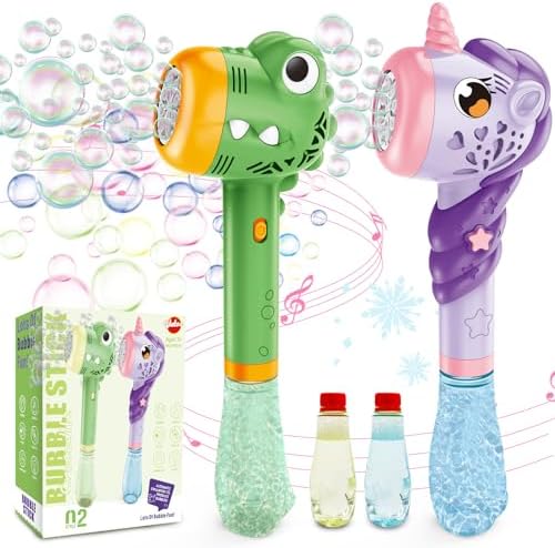 VATOS 2PCS Automatic Bubble Wands, Bubble Maker Gun with Light & Music for Girls Boys, Fantasty Bubble Maker Machine with 2 Bubble Refill Solution, Party Wedding Birthday Gift for Toddlers Kids