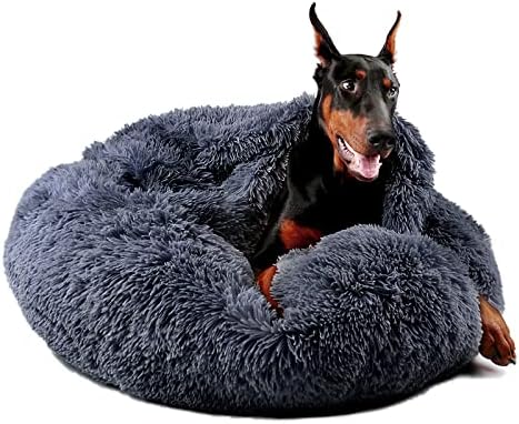 Himax Dog Beds for Large Dogs, Donut Dog Bed with Blanket Attached, Calming Dog Bed Washable (20"/26"/35") Grey