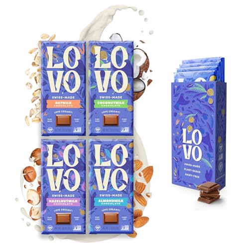LOVO Variety Pack | Plant-Based Milk Chocolate | Almondmilk, Coconutmilk, Hazelnutmilk, Oatmilk | Vegan, Non GMO, Gluten-Free, Swiss Made. 2.82 oz (Pack of 4)