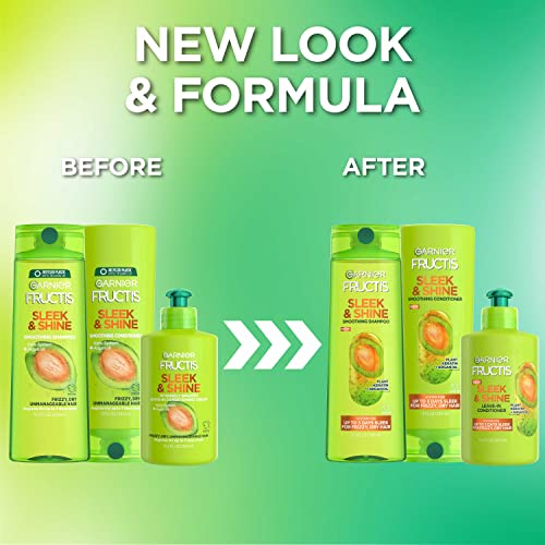 Garnier Fructis Sleek & Shine Shampoo, Conditioner + Leave-In Conditioer Set for Frizzy, Dry Hair, Plant Keratin + Argan Oil (3 Items), 1 Kit (Packaging May Vary)