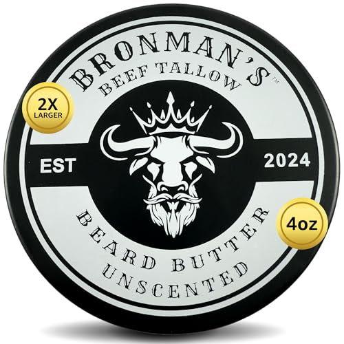 Beef Tallow Beard Butter for Men - 4oz - Hydrating Unscented Beard and Skin Balm with Shea Butter - Deeply Moisturizing Tallow