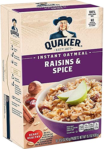 Quaker Instant Oatmeal, Raisin & Spice, Breakfast Cereal, 10 count , 1.51 oz Packets Per Box (Pack of 4)