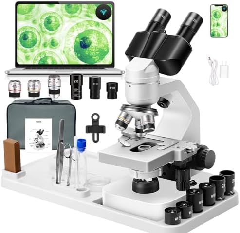 Binocular Microscope Double-Layer Stage 40x-2000x Magnification, Upper and Lower Dual LED Lights, coarse and fine Focusing, Children's Microscope (WiFi Version)