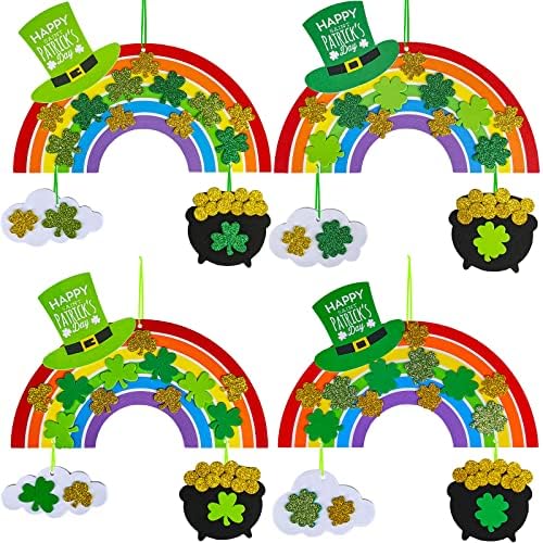 Winlyn 12 Sets St. Patrick's Day Decorations Rainbow Ornaments DIY St. Pat's Craft Kits Rainbow Four-Leaf Clover Irish Lucky Shamrock Foam Stickers for Kids Party Classroom Home Activity Art Project