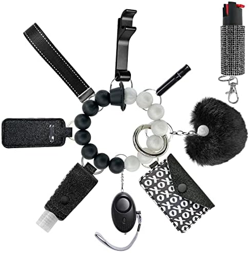 Keychain Set for Women and Girls Includes Beaded Wristlet, Pom Pom, Credit Card Puller and Personal Alarm