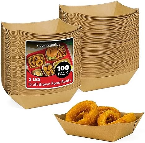 100 Pack 2-Lb Brown Kraft Paper Food Trays, Heavy-Duty Paper Food Boat, Disposable Serving Trays for Party Snacks, Hot Dog, Picnic, Taco Bar, Seafood, Nachos Plates, BBQ, carnival, birthday party