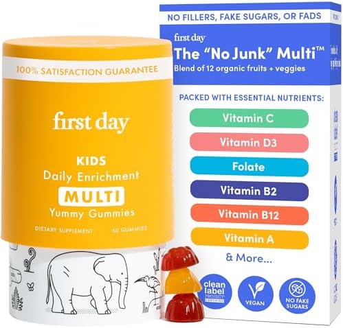 FIRST DAY Kids Essential Multivitamin Gummies, Vitamin A, D3, B6, B12, C, K2 & More + Organic Fruits & Veggies for Growth, Brain, Immunity. Natural Strawberry & Orange Flavor, Low Sugar. 30-Day Supply