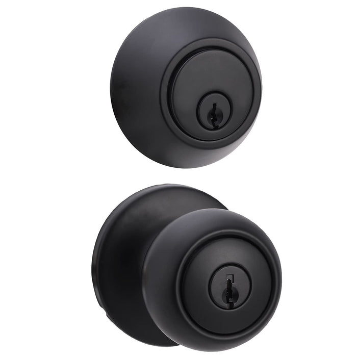 Amazon Basics Exterior Door Knob With Key Lock and Deadbolt, Coastal, Matte Black