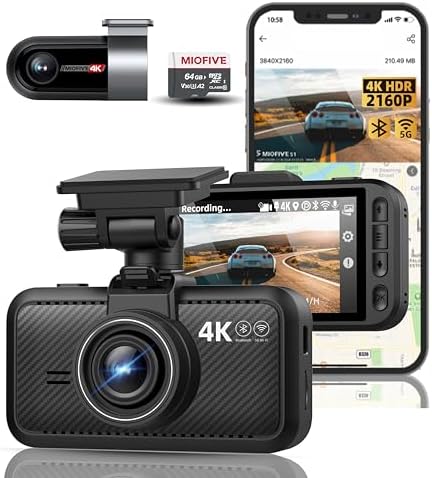 Miofive Dash Cam Car Front Rear 4K+4K WiFi Bluetooth Dash Cam with 64GB SD Card, Dual Car Camera with Parking Monitoring, Super Night Vision, HDR, G-Sensor, Loop Recording, App Control, Max 512GB