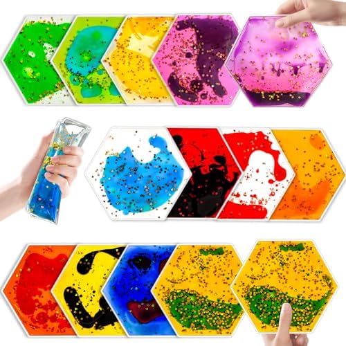 Squishy Liquid Sensory Gel Tiles 12 Packs - Hexagon Liquid Sensory Pads for Stress Relief & Fidget Fun, Washable Sensory Floor Tiles for Toddles 3+ Home, Classroom, Travel