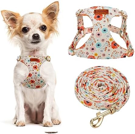 CHEDE No Pull Floral Pattern Dog Harness- Lightweight and Soft Dog Harness, Adjustable Small Dog Harness and Leash Set, with Dog Leash, Suitable for Puppy Small and Medium-Sized Dog