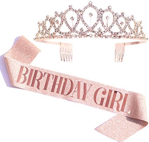 Birthday Girl Sash & Rhinestone Tiara Kit - Rose Gold Birthday Gifts Glitter Birthday Sash Birthday Party Favors