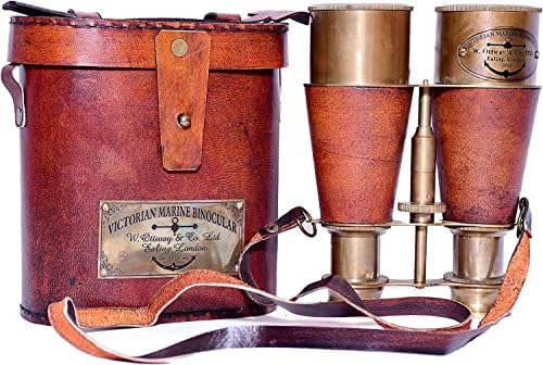 Nautical Antique Victorian Marine Brass Leather Binocular Opera Glasses & Spyglass London 1915 Home & Office Decor (Orange)