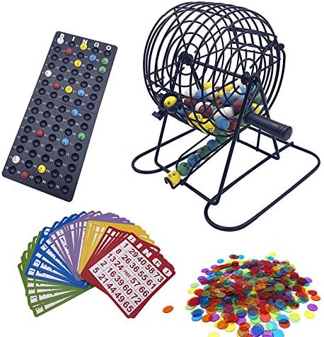 Deluxe Bingo Game Set with 6 Inch Cage, Master Board,75 Colored Balls a Bag, 50 Cards, and 500 Color Mix Chips Ideal for Large Groups