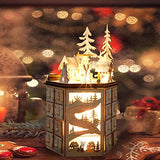 MorTime LED Revolving Music Box Advent Calendar Decorated with Christmas Tree Reindeer House LED Lights, Lighted Wooden Carved 24 Day Countdown to Christmas Calendar, 24 Storage Drawers