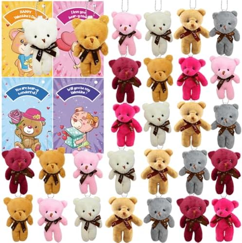28PCS Valentine's Day Gift Cards Plush Bear Stuffed Keychain Toys, Mini Stuffed Animal Plush Toys Keychains for Kids School Classroom Rewards, Valentine's Gifts Exchange, Valentines Party Favor