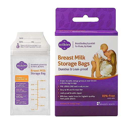 Fairhaven Health Milkies Breast Milk Storage Bags, 50 Count, Presterilized and BPA Free, No Leak and No Break, Easy to use, Freeze up to 6 Ounces