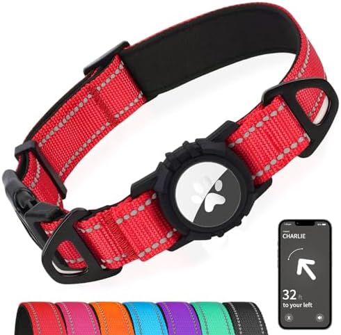 Joytale Airtag Dog Collar, Dual D-Rings, Reflective Pet Collar with Waterproof AirTag Holder, Soft Padded Adjustable for Medium Dogs, Red, M
