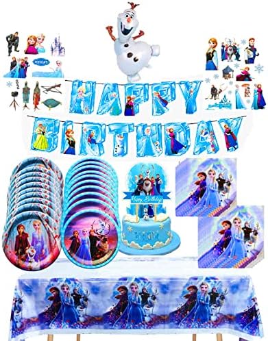 Frozen Birthday Party Supplies Set ，Frozen Party Decorations ，Frozen Party Supplies | Set includes Banner, Tablecloth, Cake Plates,follow balloons， Napkins, tattoo stickers, Serves 20Guests